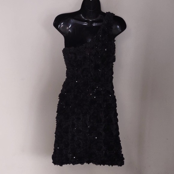 ABS Allen Schwartz APPLIQUE SEQUIN ONE SHOULDER DRESS Black 2 - Picture 8 of 12